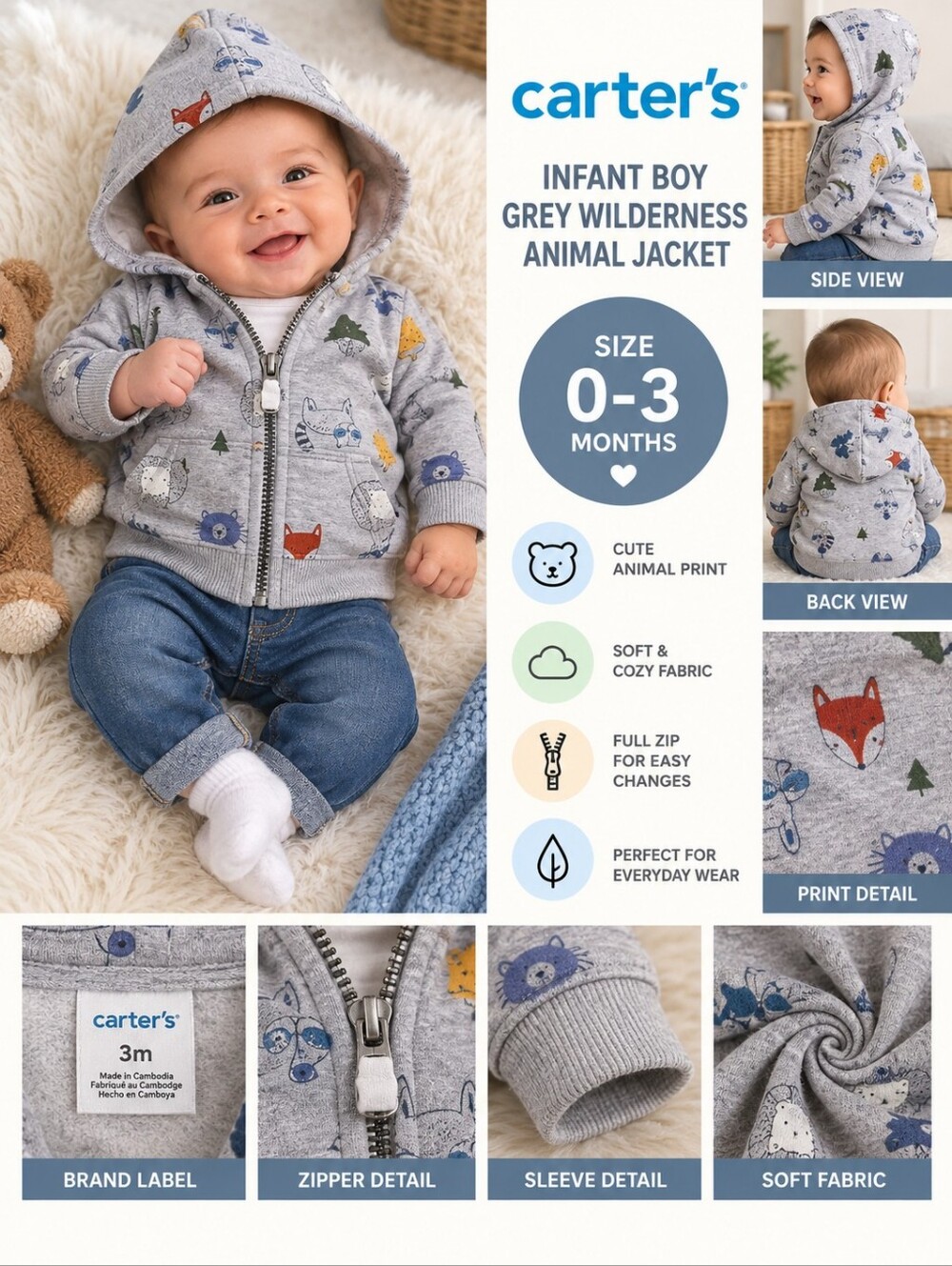 Carters infant boy 3m grey wilderness animal jacket #36
